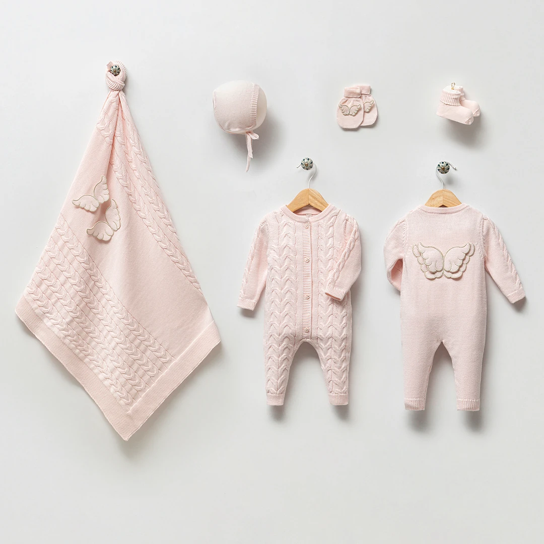 Premium 0-3 Ay Pembe Melek Kanatlı 5li Set