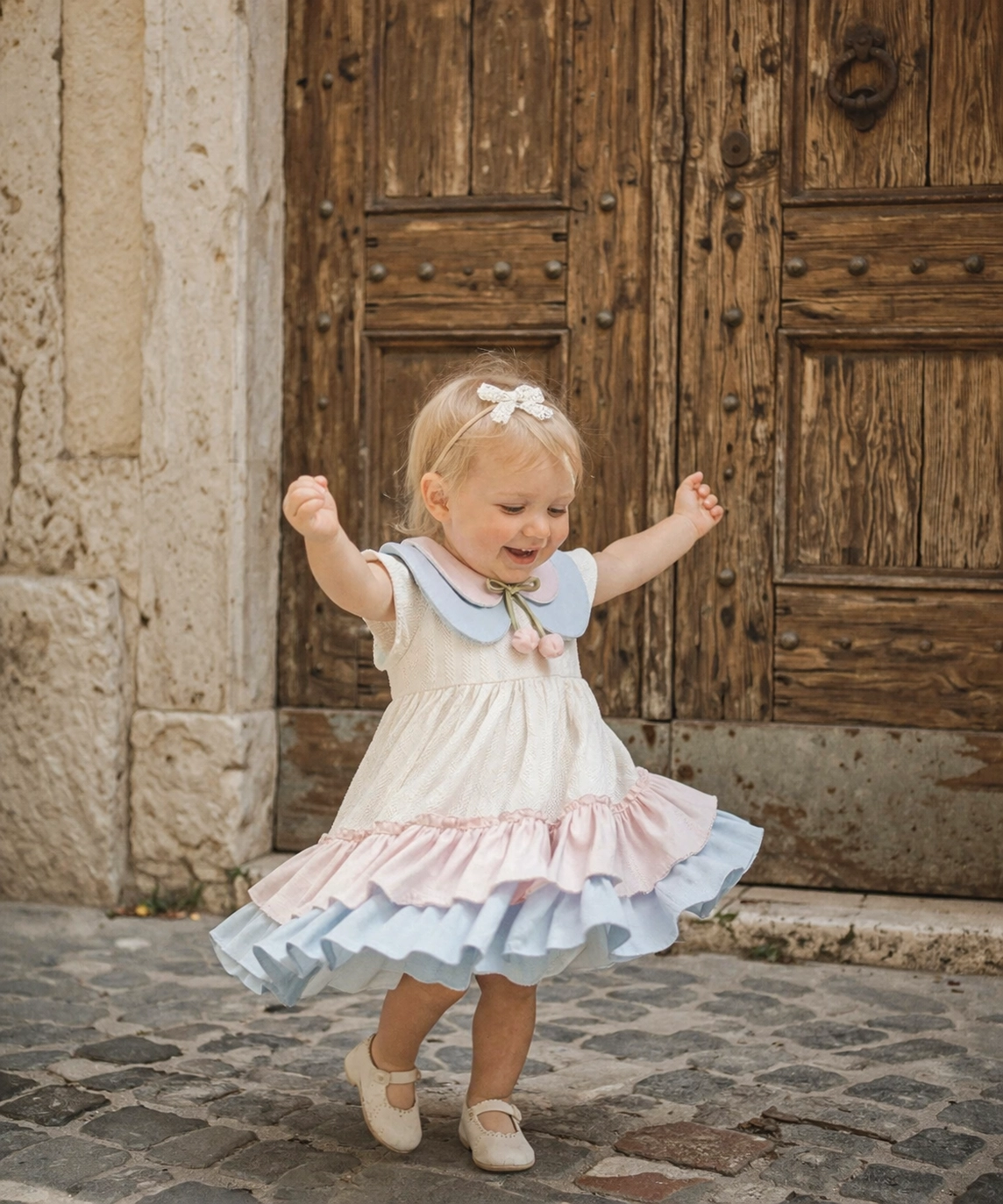 Kız Bebek Premium Lale Aksesuarlı Çift Yakalı Elbise