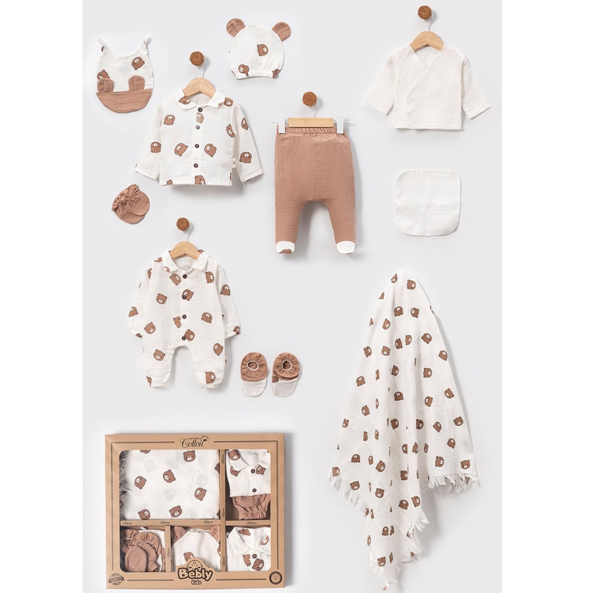 Pamuklu Müslin Ayıcık Desenli 10’lu Set -Ekru 