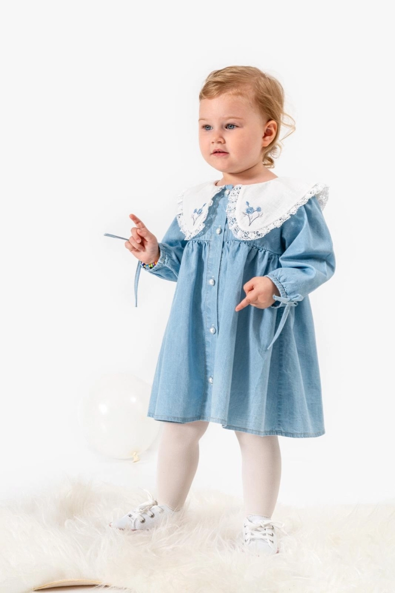 Kız Bebek Premium Nakış Yaka Detaylı Uzun Kollu Kot Elbise