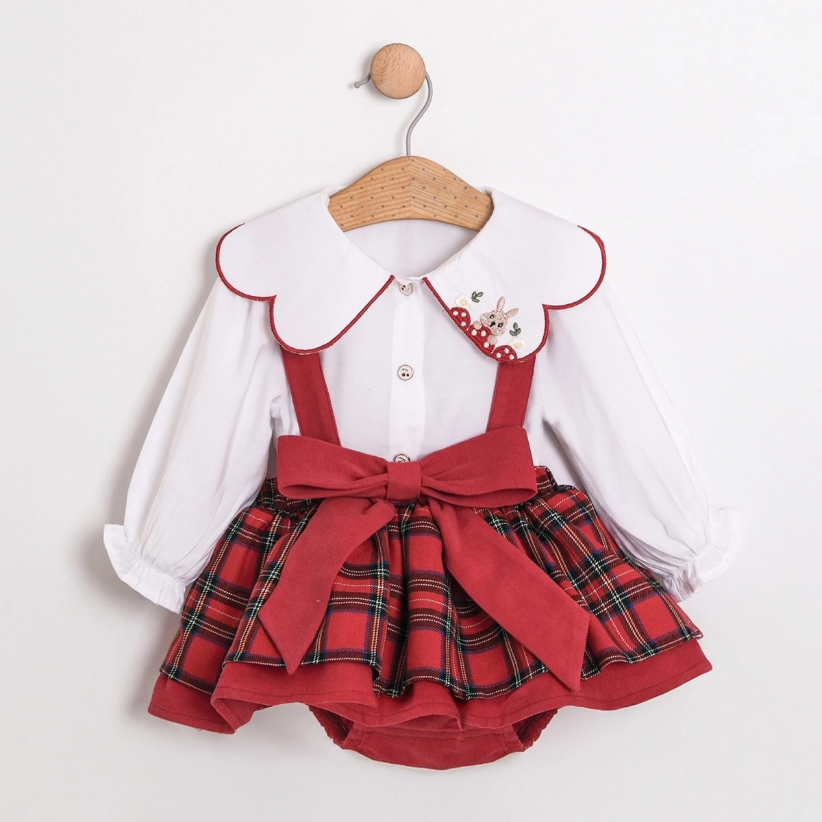 Kız Bebek Ekose Vintage Tavşan Nakış Romper Takım -Kırmızı