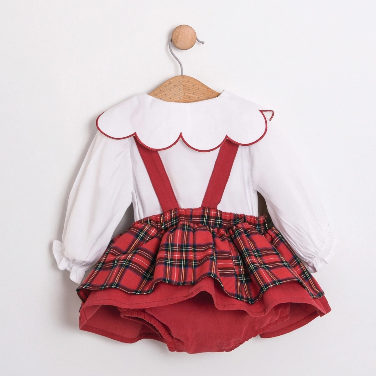 Kız Bebek Ekose Vintage Tavşan Nakış Romper Takım -Kırmızı