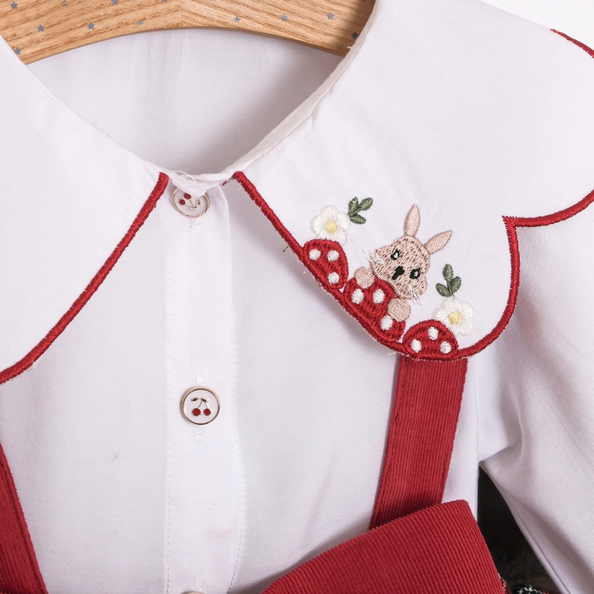 Kız Bebek Ekose Vintage Tavşan Nakış Romper Takım -Kırmızı