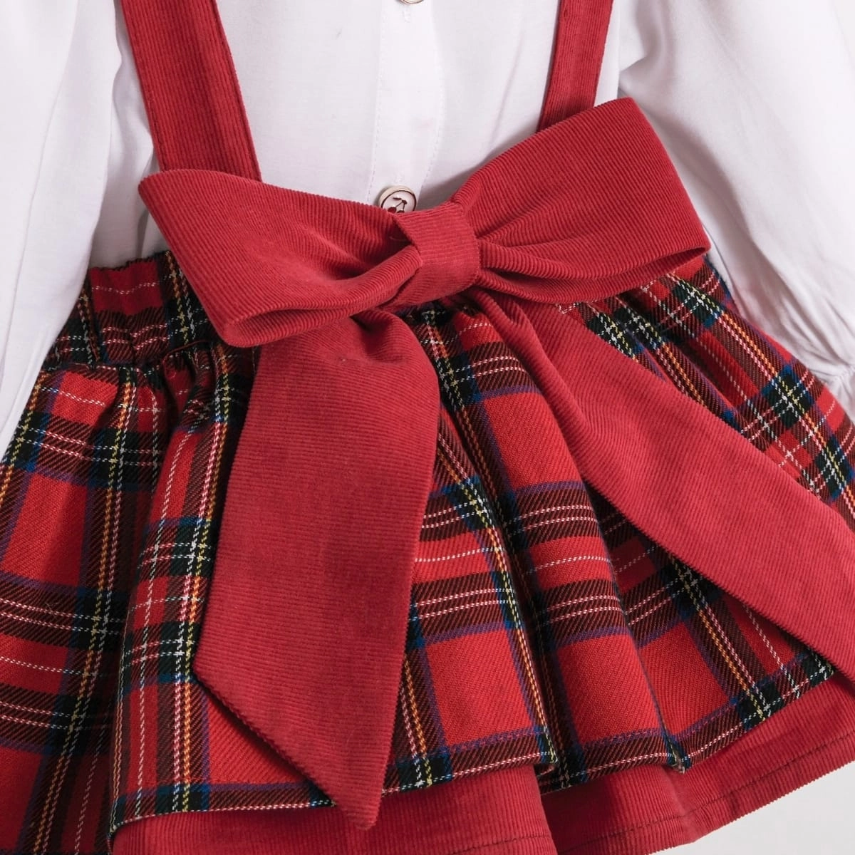 Kız Bebek Ekose Vintage Tavşan Nakış Romper Takım -Kırmızı