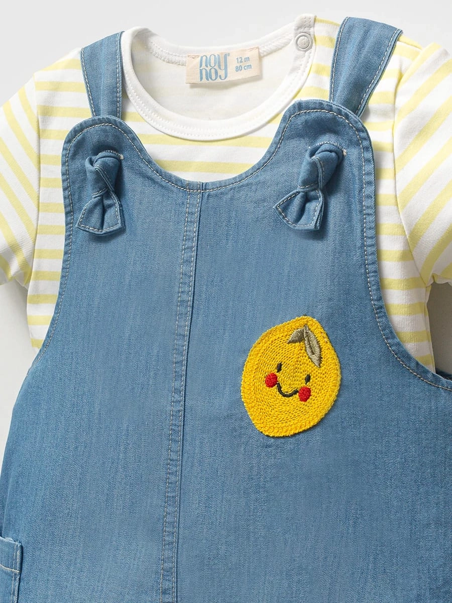 Erkek Bebek Limon Nakışlı Salopet Takım Çoraplı Set