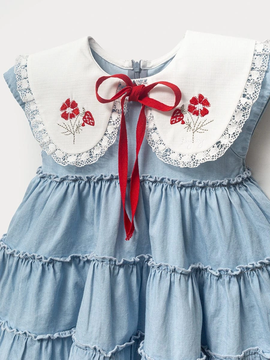 Kız Bebek Kırmızı Fiyonklu Nakış Yakalı Çorap Elbise Set 