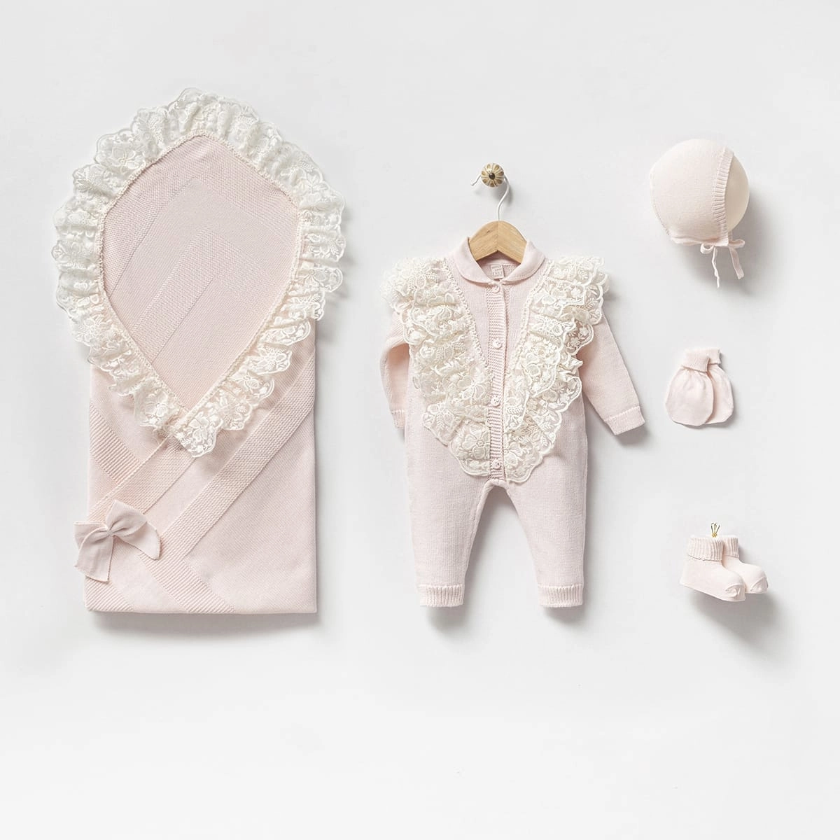 Premium 0-3 Ay V Yaka Dantelli 5li Triko Set-Pembe
