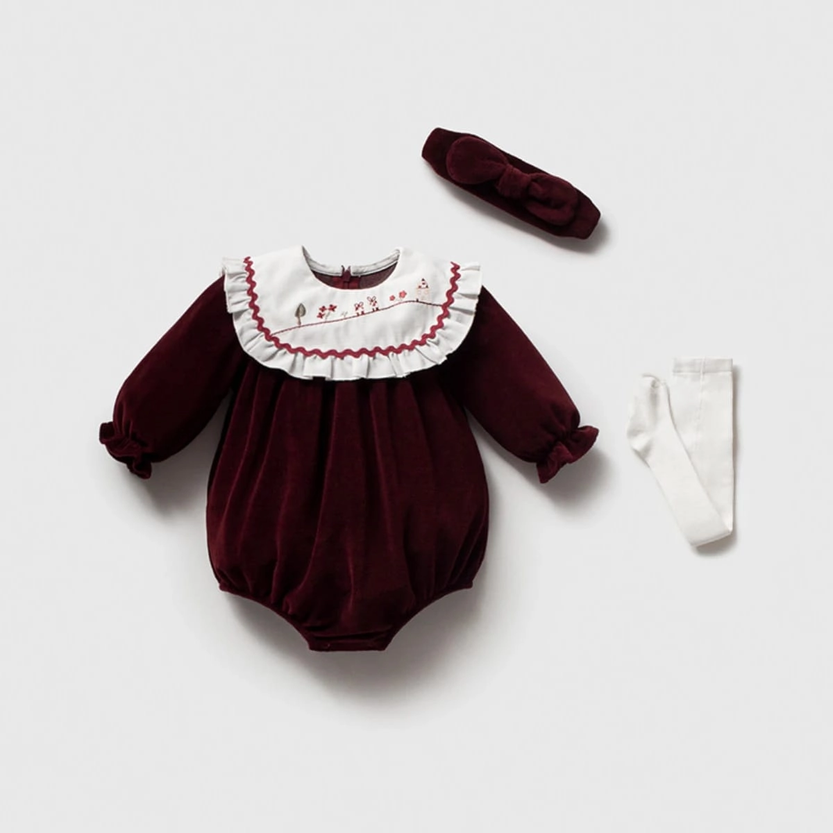 Kız Bebek 3-6 Ay Premium Kadife Romper Külotlu Çorap Bandana Set -Bordo