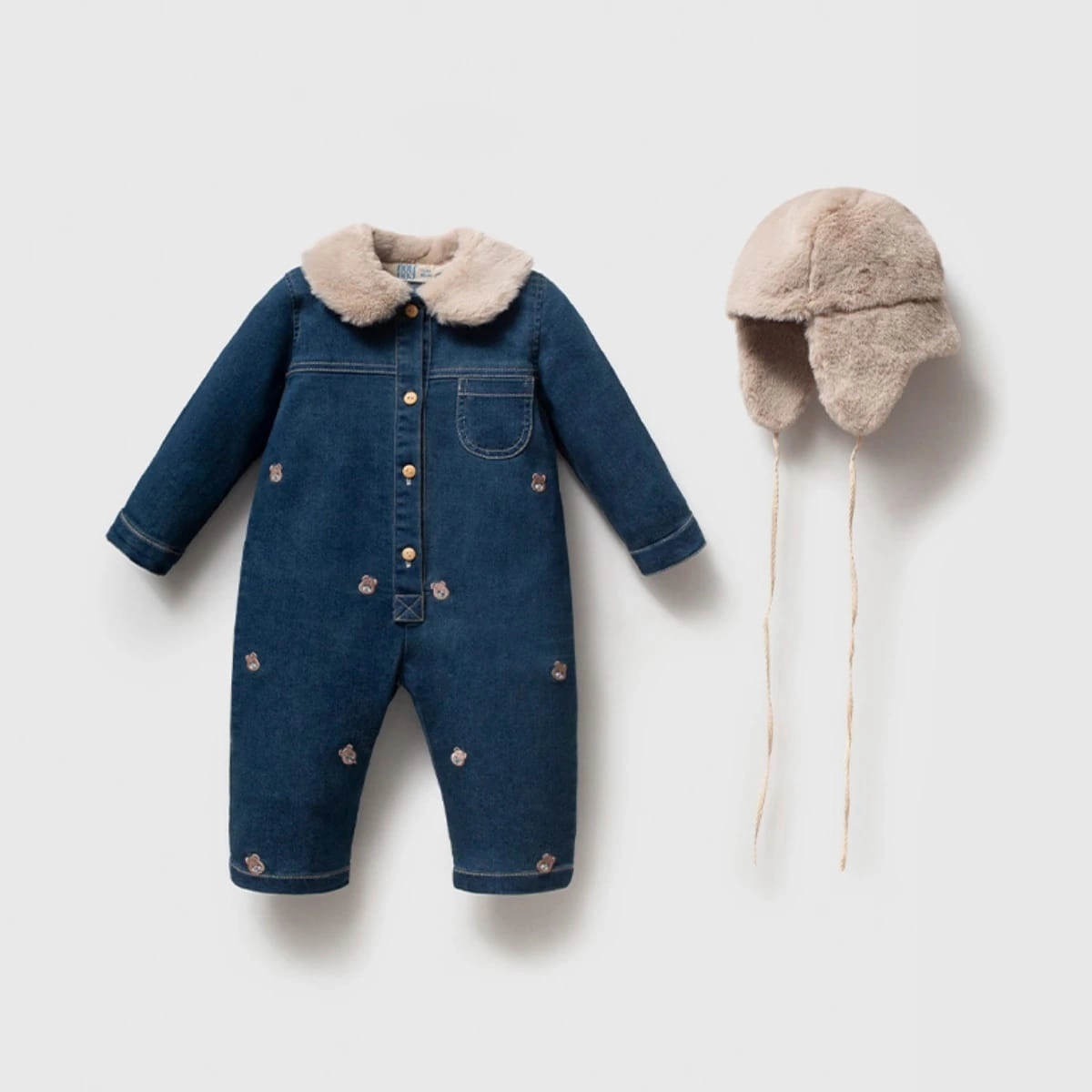 Unisex Premium Peluş Şapkalı Kot Tulum Set