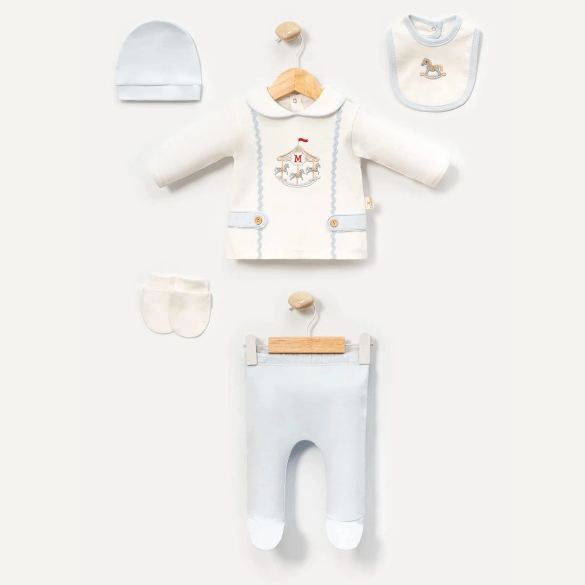Erkek Bebek 0-3 Ay %100 Pamuk Bebe Mavi Atlı Karınca Nakışlı 5li Hastane Çıkışı Set- Mavi