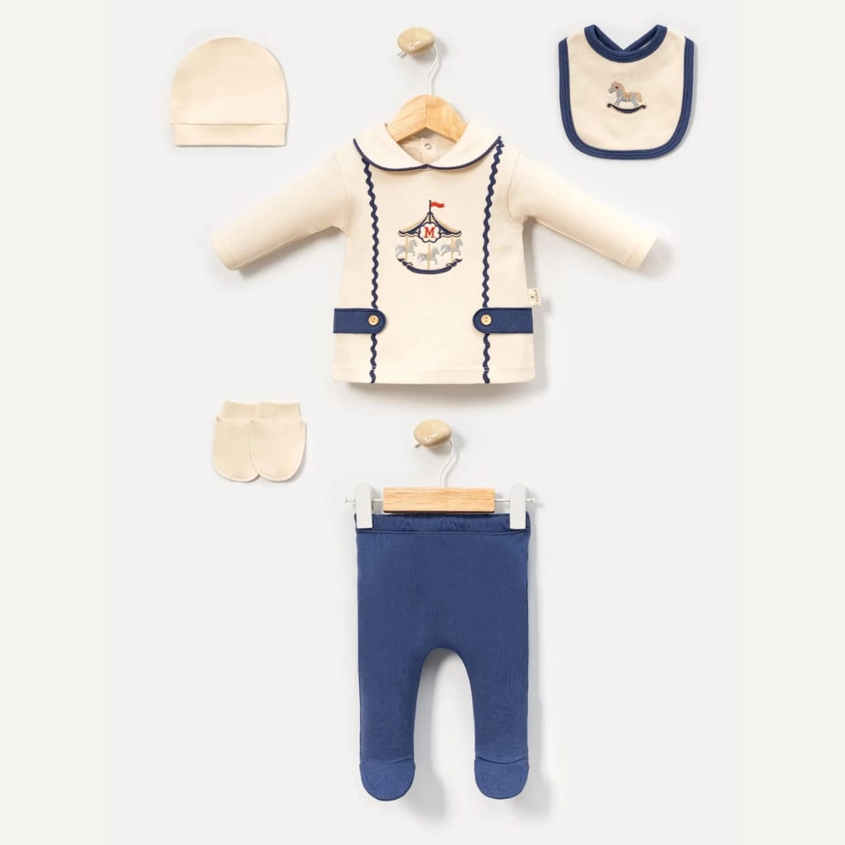 Erkek Bebek 0-3 Ay %100 Pamuk Bebe Mavi Atlı Karınca Nakışlı 5li Hastane Çıkışı Set- Lacivert 