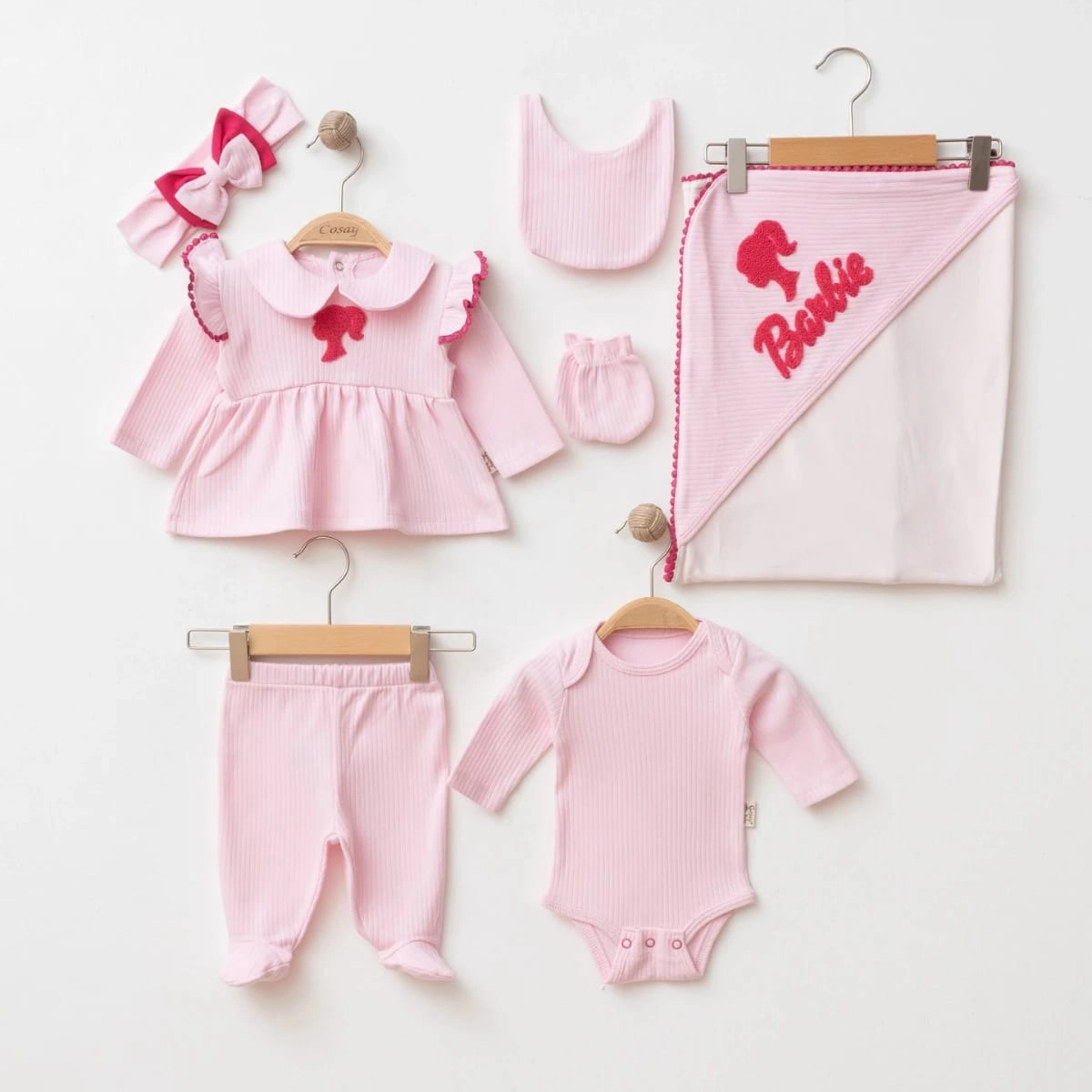 Kız Bebek %100 Pamuk Pembe Barbi Süzeneli 7li Set