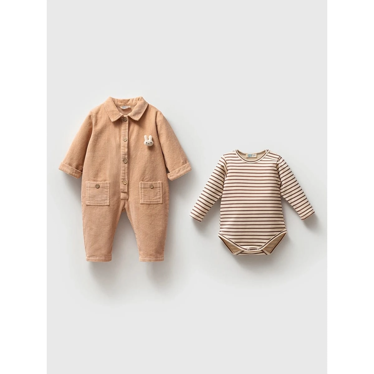 Kadife Unisex Çizgili Body ve Kadife Tulum Takım - Yavruağzı 