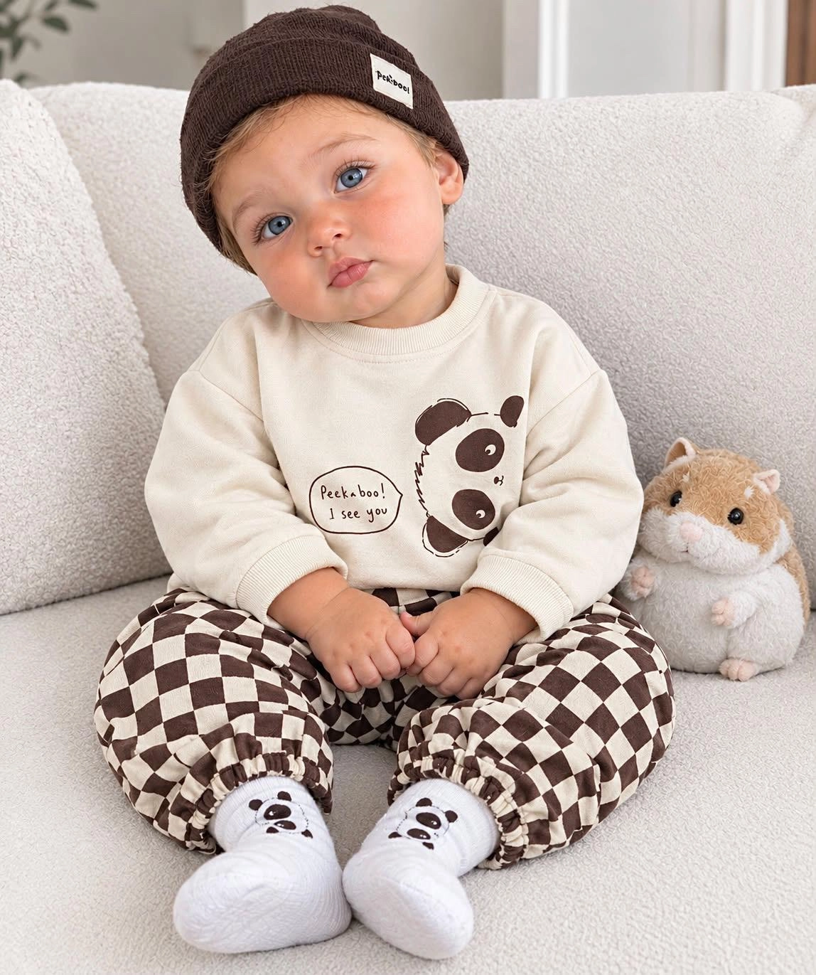 Pamuklu Kahve Panda Kareli Pantolon Şapka Çorap 4lü Kombin Takım