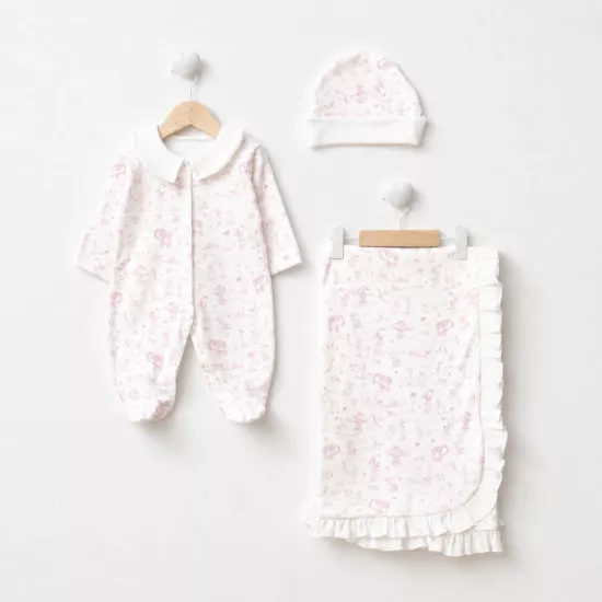 Kız Bebek Yenidoğan Pembe Animals Baskılı Battaniyeli 3lü Set