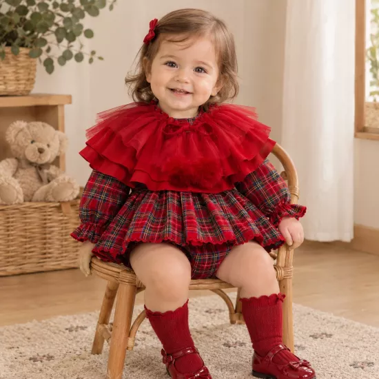 Kız Bebek Premium Ekose Desenli Pelerinli Takım 