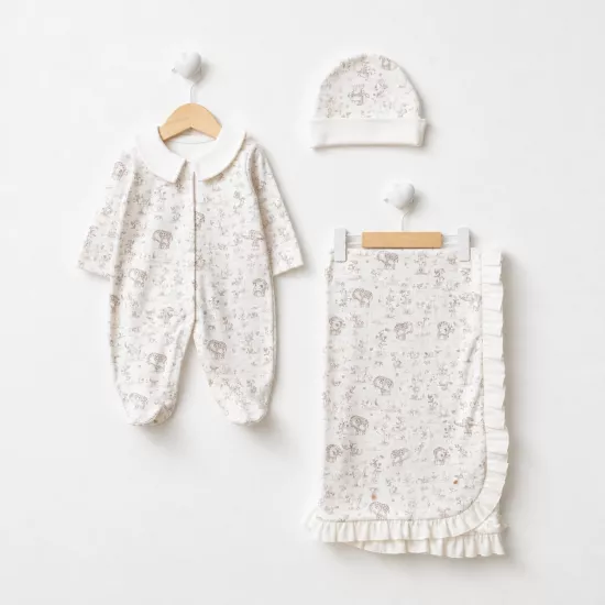 Unisex Yenidoğan Kahve Animals Baskılı Battaniyeli 3lü Set