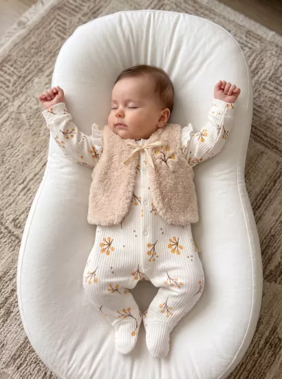 Kız Bebek %100 Pamuk Ekru Peluş Yelekli Çiçekli Tulum