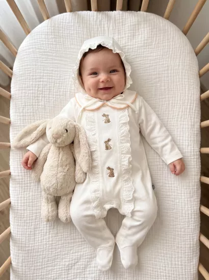Kız Bebek %100 Pamuk Penye Tavşan Nakışlı Pembe Biye Yaka Şapkalı Dantelli Şık Tulum