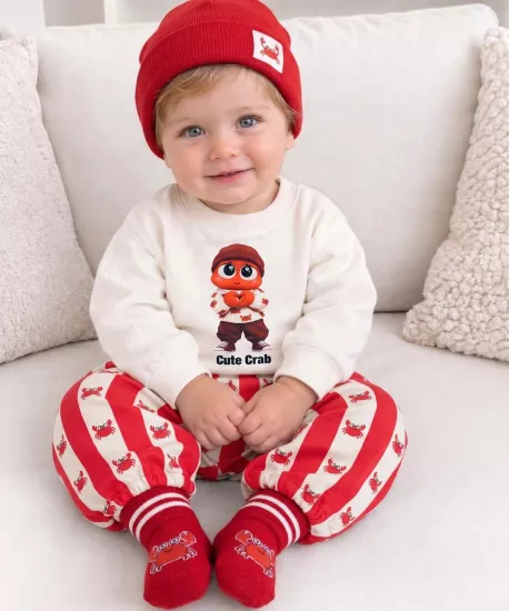 Erkek Bebek Kırmızı Cute Crab Yengeç Pantolon Şapka Çorap 4lü Kombin Takım