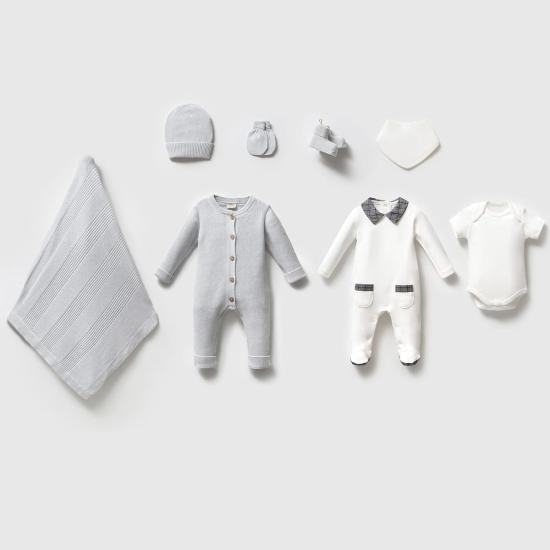 Premium Organik Pamuk Ekose Detaylı 8’li Triko Set -Mavi