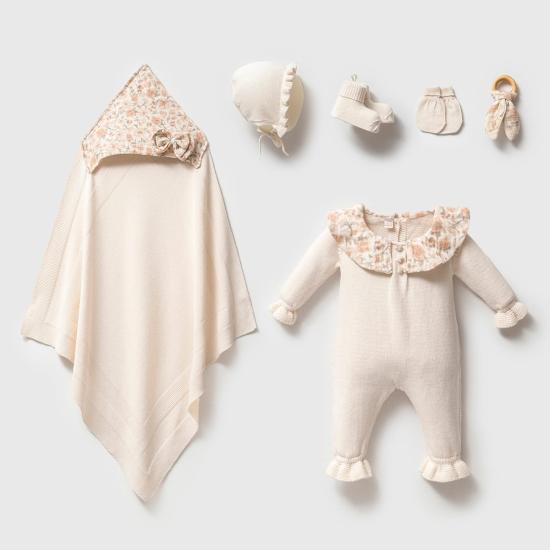 Premium Organik Pamuk Çiçek Desenli 5’li Triko Set -Ekru 
