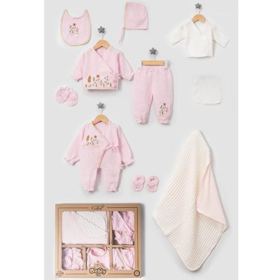 Pamuklu Müslin Çiçek Nakışlı 10’lu Set -Pembe