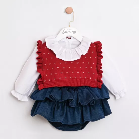 Kız Bebek Kalp Süveter 3’lü Romper Takım