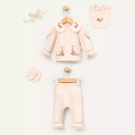 Kız Bebek 0-3 Ay %100 Pamuk Pudra Kaneviçe Nakışlı 5li Hastane Çıkışı Set