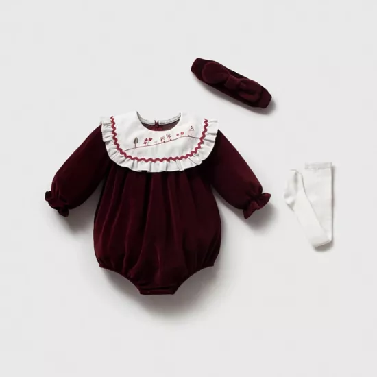 Kız Bebek 3-6 Ay Premium Kadife Romper Külotlu Çorap Bandana Set