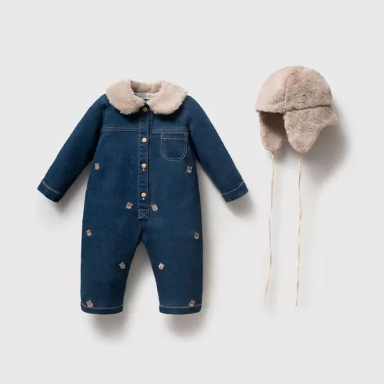 Unisex Premium Peluş Şapkalı Kot Tulum Set