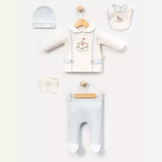 Erkek Bebek 0-3 Ay %100 Pamuk Bebe Mavi Atlı Karınca Nakışlı 5li Hastane Çıkışı Set