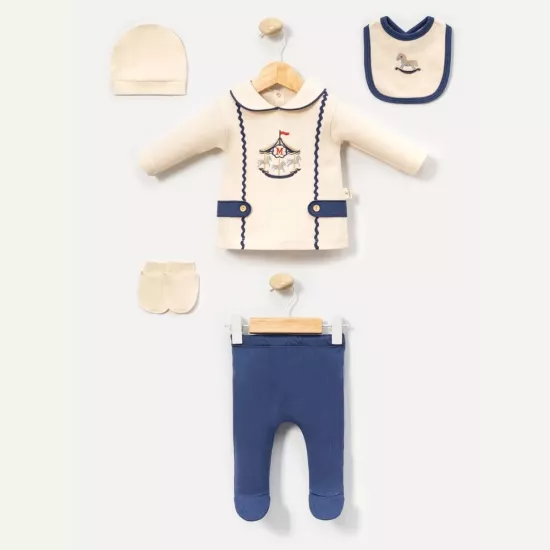 Erkek Bebek 0-3 Ay %100 Pamuk Bebe Mavi Atlı Karınca Nakışlı 5li Hastane Çıkışı Set