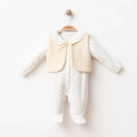 Kız Bebek %100 Pamuk Ekru Peluş Yelekli Çiçekli Tulum