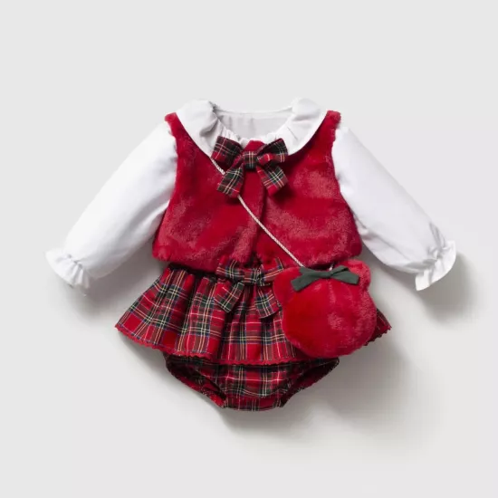Kız Bebek Premium Kırmızı Ekose Romper Etek, Peluş Yelek, Gömlek ve Çanta 4’lü Takım