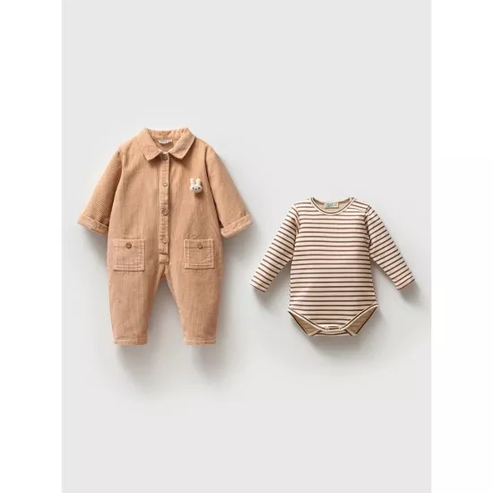 Kadife Unisex Çizgili Body ve Kadife Tulum Takım