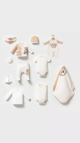 Pamuklu Çizgili Ayıcık Desenli 10’lu Set -Kahve